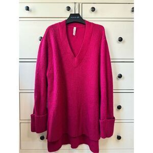Athleta Wool chunky pink big oversize side slit v-neck sweater size L